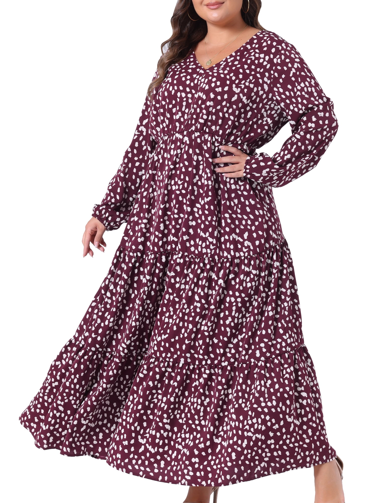 DARING DIVA Plus Size Polka Dots Long Maxi Lantern Sleeve Dress 3X Dark Red