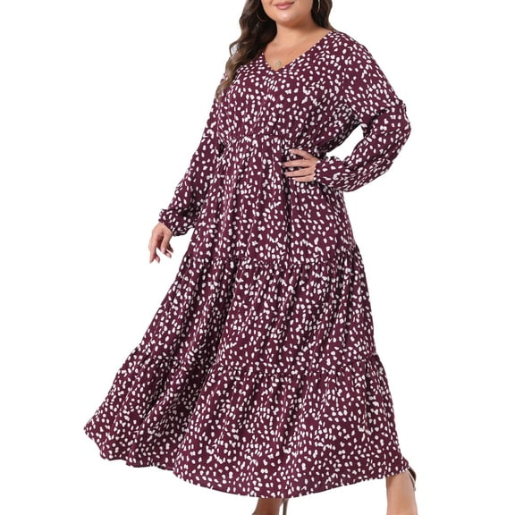 DARING DIVA Plus Size Polka Dots Long Maxi Lantern Sleeve Dress 3X Dark Red