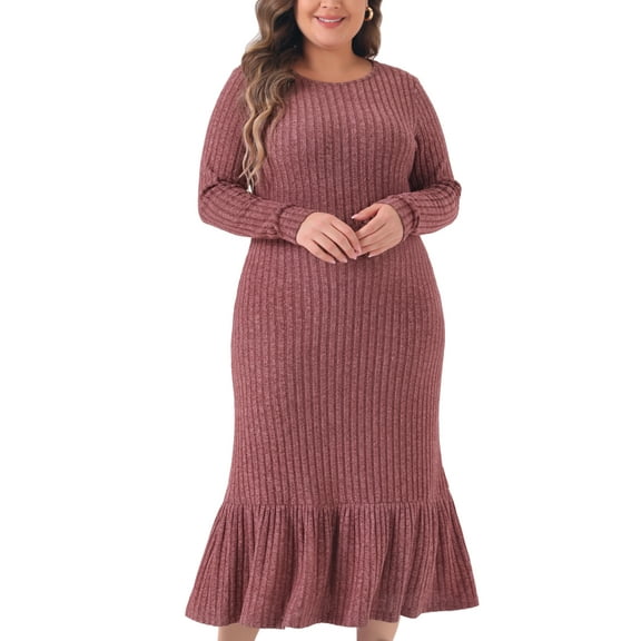 DARING DIVA Plus Size Ribbed Knit Long Sleeve Ruffled Hem Midi Dress 1X Purple Red