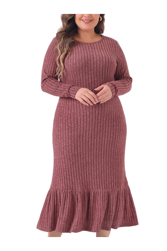 Plus Size Ribbed Knit Long Sleeve Ruffled Hem Midi Dress 1X Purple Red