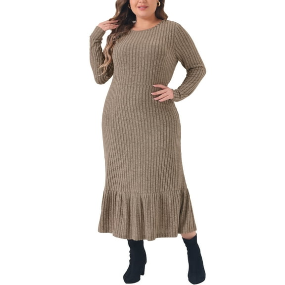 DARING DIVA Plus Size Ribbed Knit Long Sleeve Ruffled Hem Midi Dress 2X Khaki