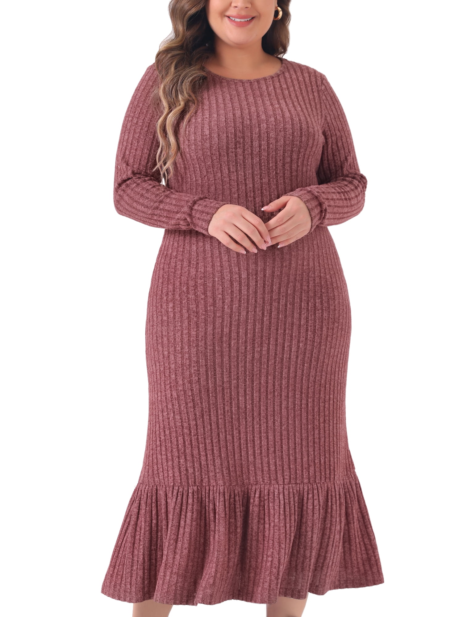 DARING DIVA Plus Size Ribbed Knit Long Sleeve Ruffled Hem Midi Dress 2X Purple Red