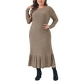 thumbnail image 1 of DARING DIVA Plus Size Ribbed Knit Long Sleeve Ruffled Hem Midi Dress 4X Khaki, 1 of 6