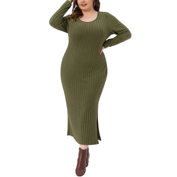 DARING DIVA Plus Size Ribbed Knit Midi Side Slit Long Sleeves Dress 1X Army Green