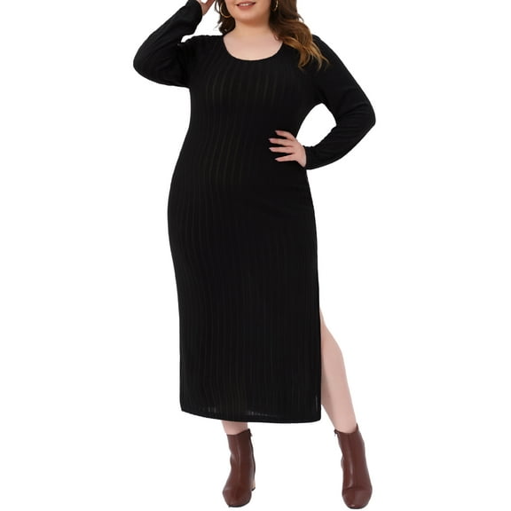 DARING DIVA Plus Size Ribbed Knit Midi Side Slit Long Sleeves Dress 1X Black