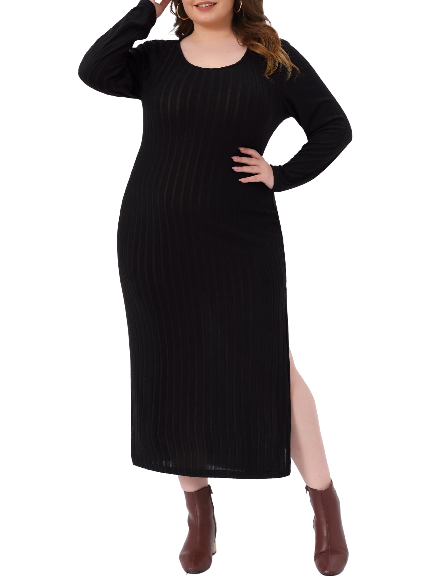DARING DIVA Plus Size Ribbed Knit Midi Side Slit Long Sleeves Dress 4X Black