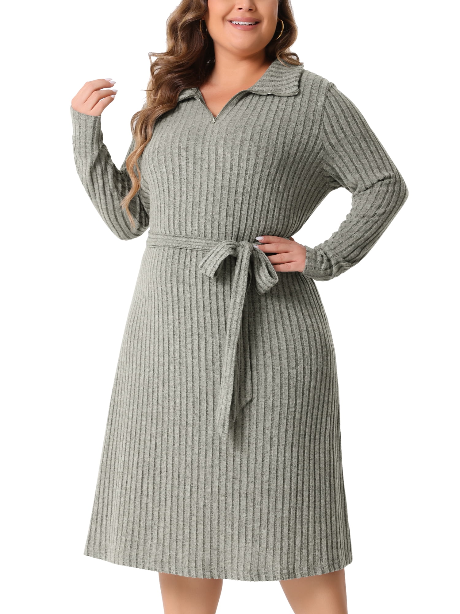 DARING DIVA Plus Size Ribbed Sweater Half Zip Front and Tie Waist Dress 1X Grey
