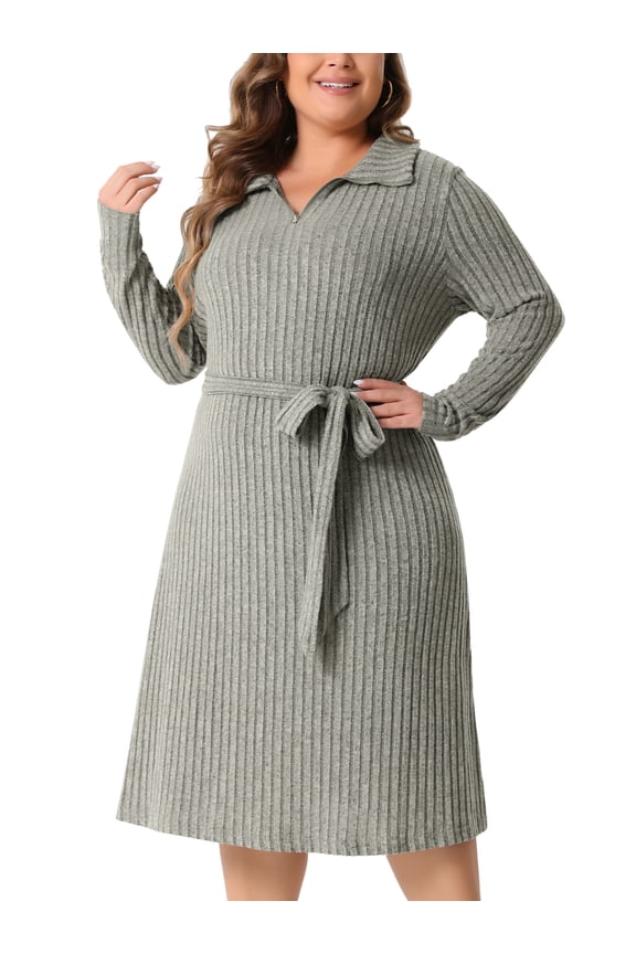 Plus Size Ribbed Sweater Half Zip Front and Tie Waist Dress 1X Grey