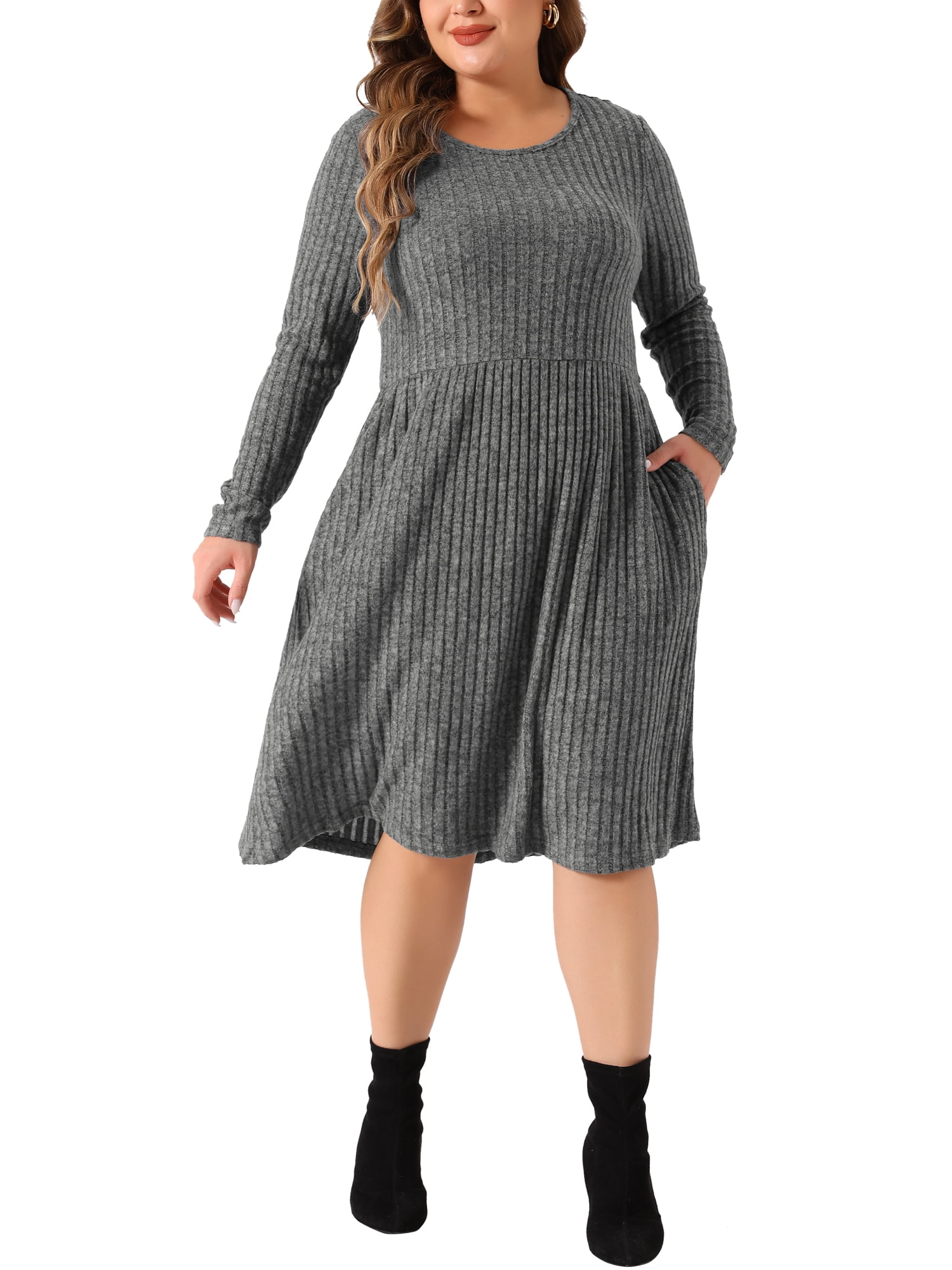 DARING DIVA Plus Size Round Neck Long Sleeve Casual Knit Dress 2X Gray