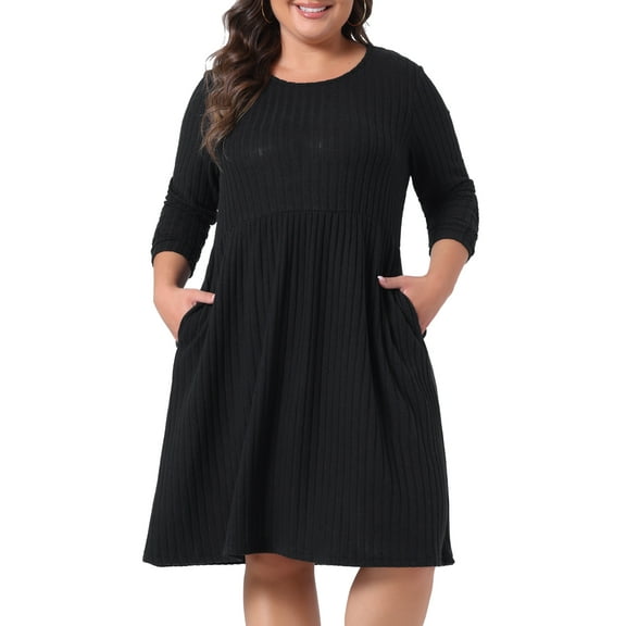DARING DIVA Plus Size Round Neck Long Sleeve Casual Knit Dress 3X Black