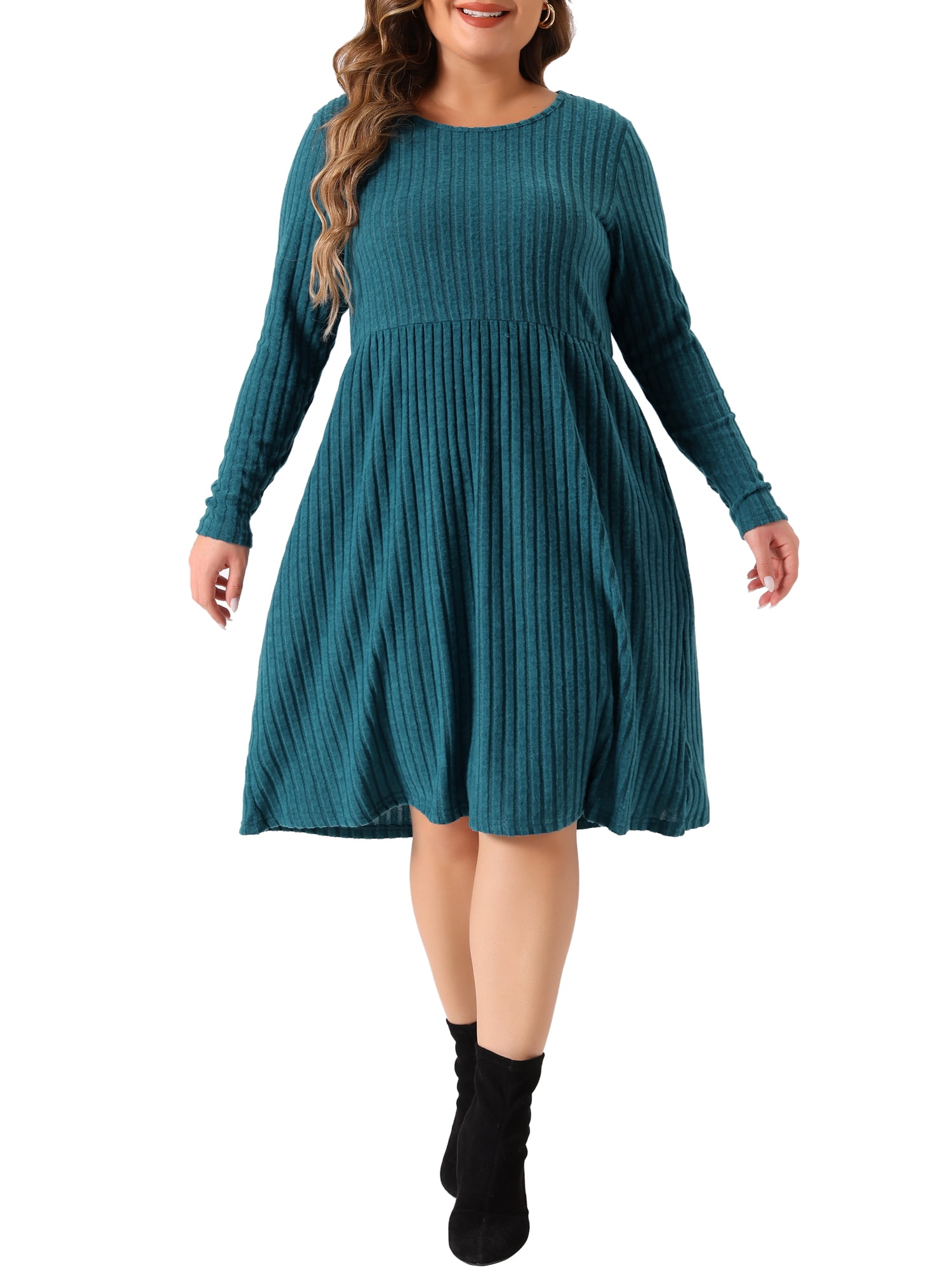 DARING DIVA Plus Size Round Neck Long Sleeve Casual Knit Dress 3X Peacock Blue