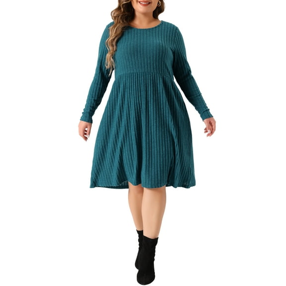 DARING DIVA Plus Size Round Neck Long Sleeve Casual Knit Dress 3X Peacock Blue