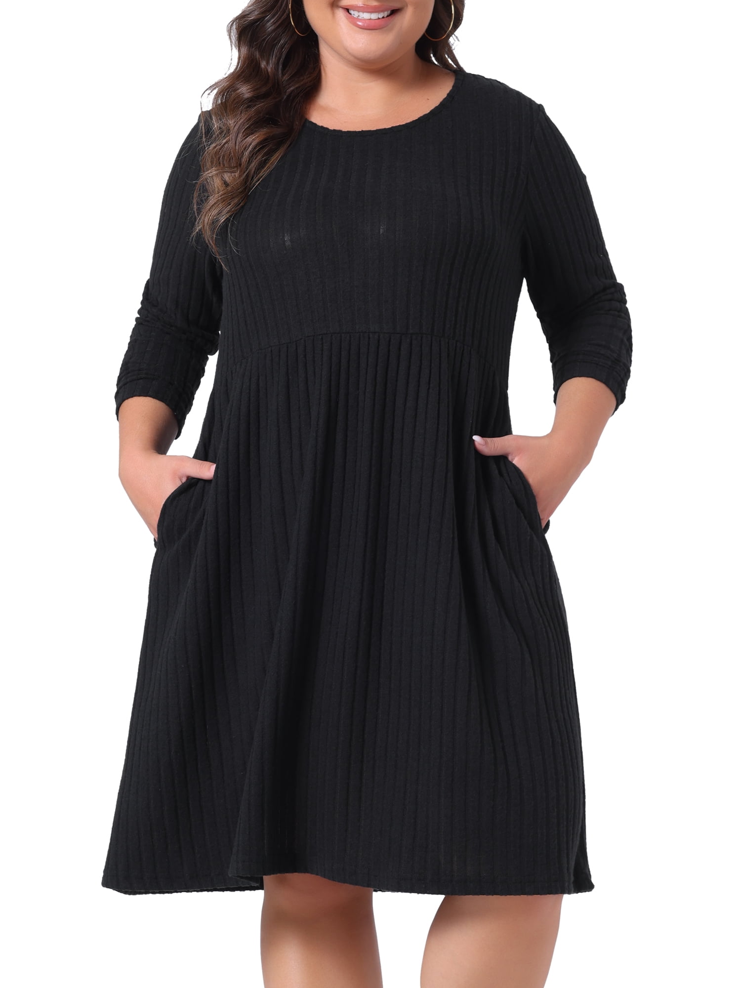 DARING DIVA Plus Size Round Neck Long Sleeve Casual Knit Dress 4X Black