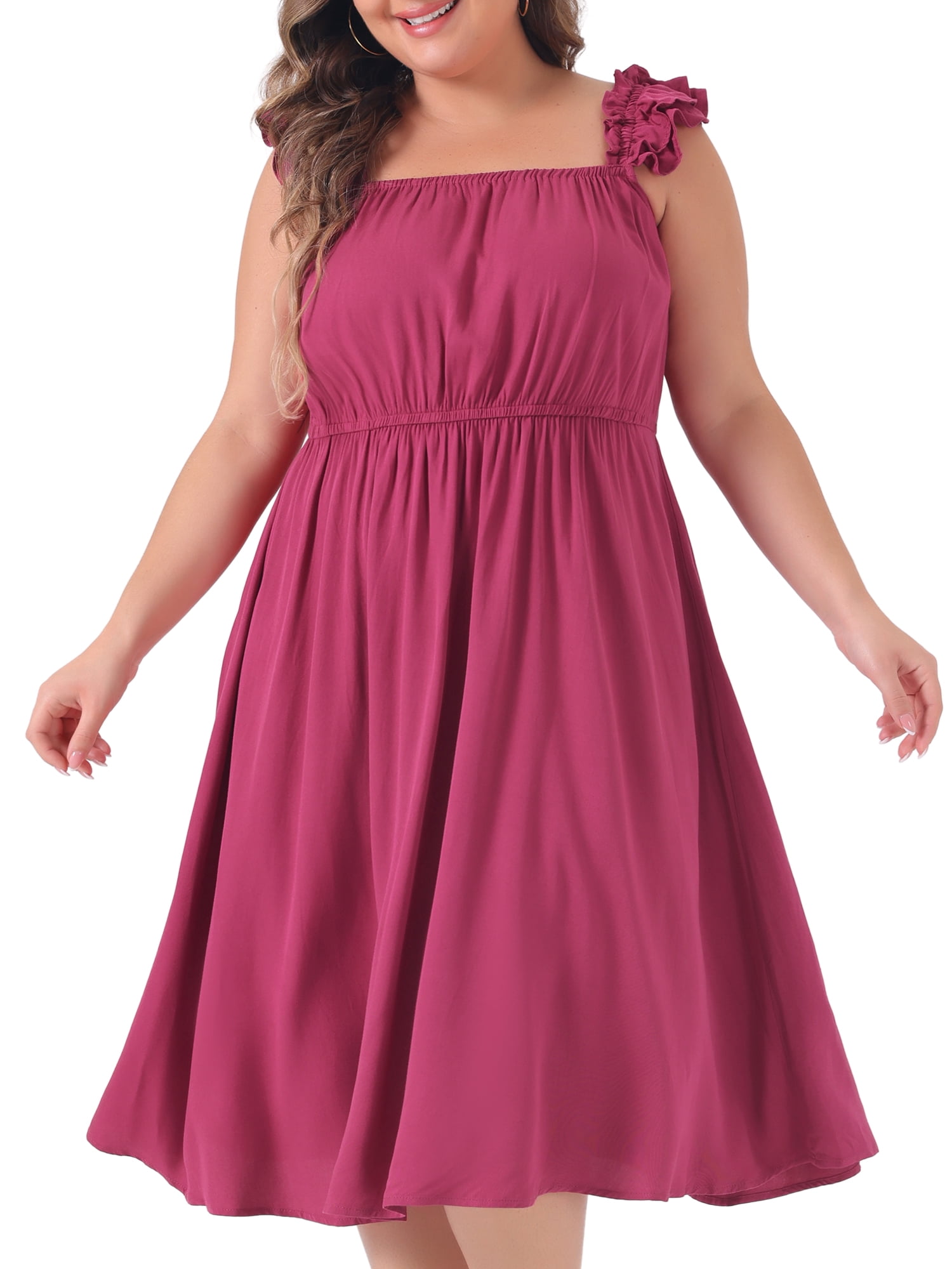 DARING DIVA Plus Size Ruffle Cap Sleeve Shirred Waist A Line Dress 3X Hot Pink