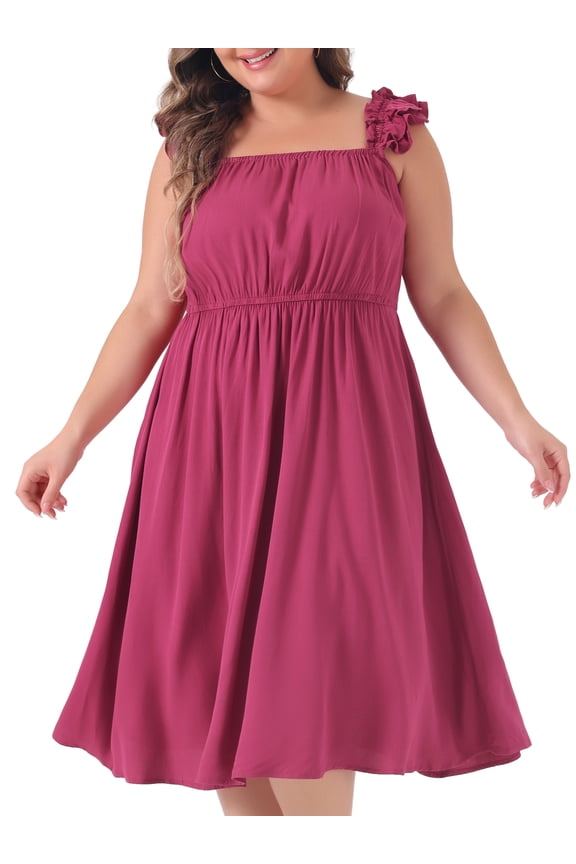 Plus Size Ruffle Cap Sleeve Shirred Waist A Line Dress 3X Hot Pink