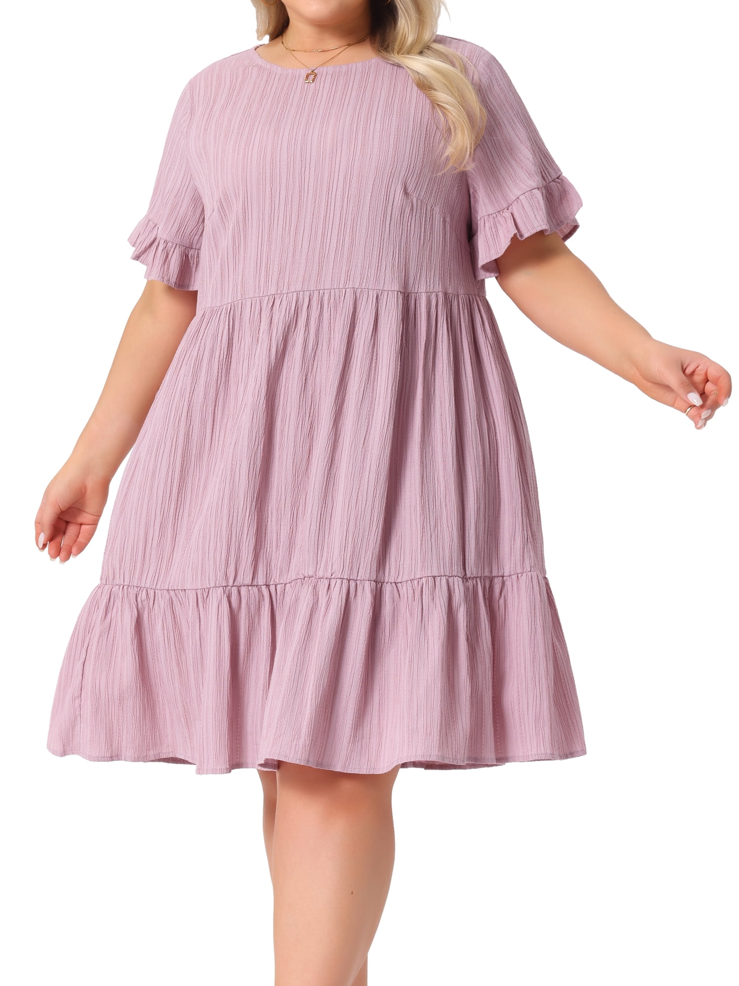 DARING DIVA Women's Plus Size Ruffle Short Sleeve A Line Midi Casual Dress 2X Pink