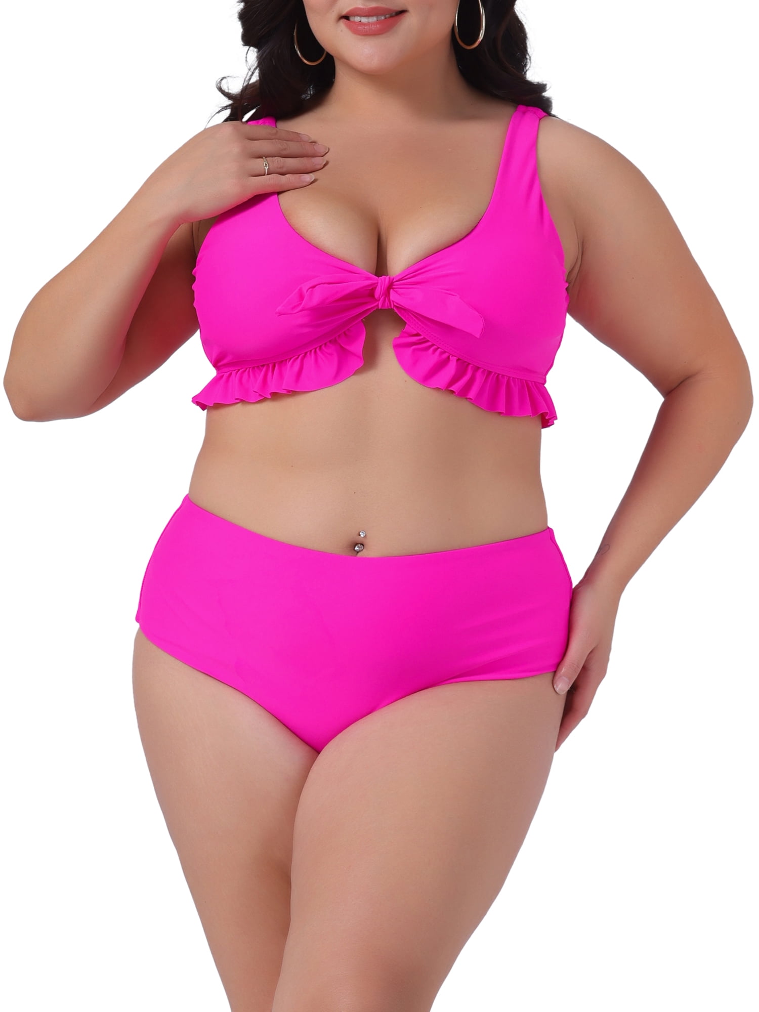 DARING DIVA Plus Size Ruffle Tummy Control Bathing Suits Swimwear Set L Hot Pink