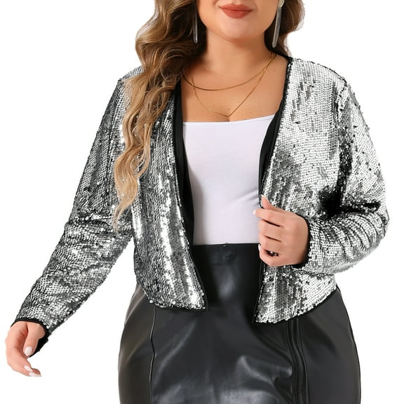 DARING DIVA Plus Size Sequin Glitter Shinny Long Sleeve Bolero Jacket 2X Silver