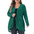 thumbnail image 1 of DARING DIVA Women's Plus Sequin Long Sleeve Open Front Outerwear Coat 1X Dark Green, 1 of 6