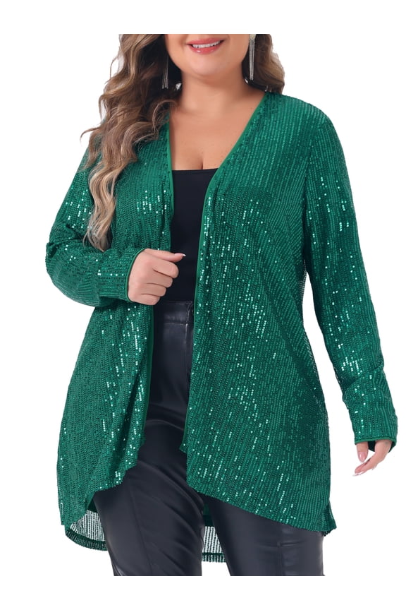 Plus Size Sequin Long Sleeve Open Front Outerwear Coat 1X Dark Green