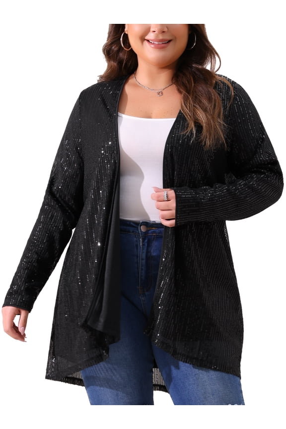 Women's Plus Sequin Long Sleeve Open Front Outerwear Coat 2X Black