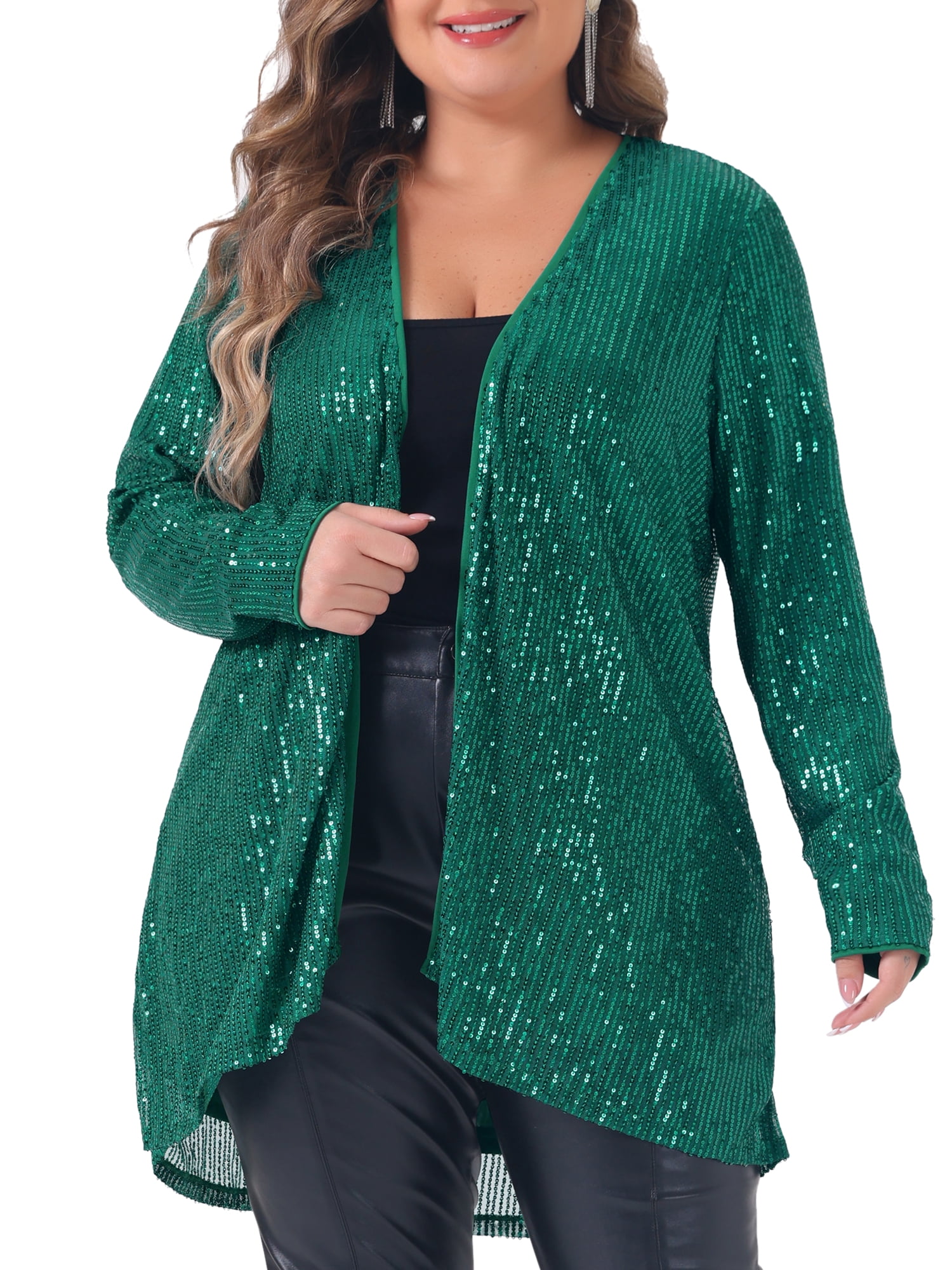 DARING DIVA Women's Plus Sequin Long Sleeve Open Front Outerwear Coat 2X Dark Green