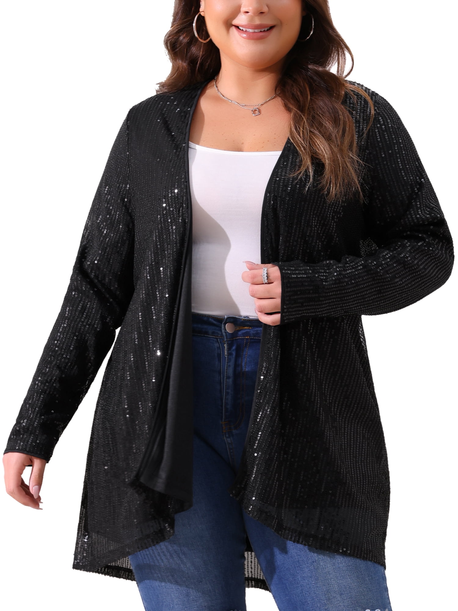 DARING DIVA Women's Plus Sequin Long Sleeve Open Front Outerwear Coat 4X Black