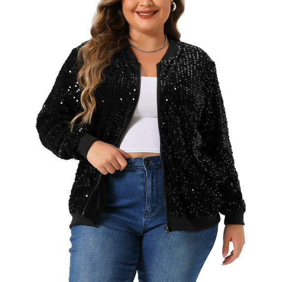 DARING DIVA Plus Size Sequin Sparkle Long Sleeve Front Zip Bomber Jacket 1X Black