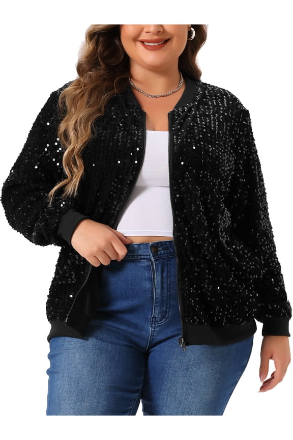 Plus Size Sequin Sparkle Long Sleeve Front Zip Bomber Jacket 2X Black