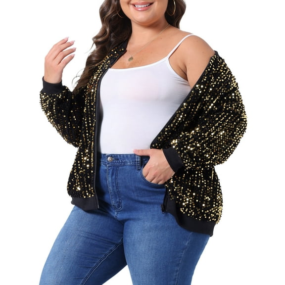 DARING DIVA Plus Size Sequin Sparkle Long Sleeve Front Zip Bomber Jacket 2X Gold
