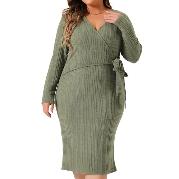 DARING DIVA Plus Size Sexy Wrap V Neck Long Sleeve Midi Dress 1X Green