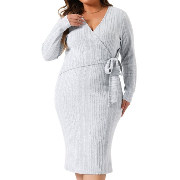 DARING DIVA Plus Size Sexy Wrap V Neck Long Sleeve Midi Dress 1X Light Gray