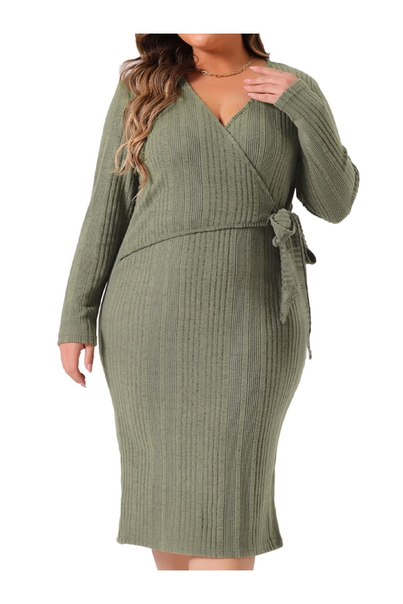 Plus Size Sexy Wrap V Neck Long Sleeve Midi Dress 2X Green