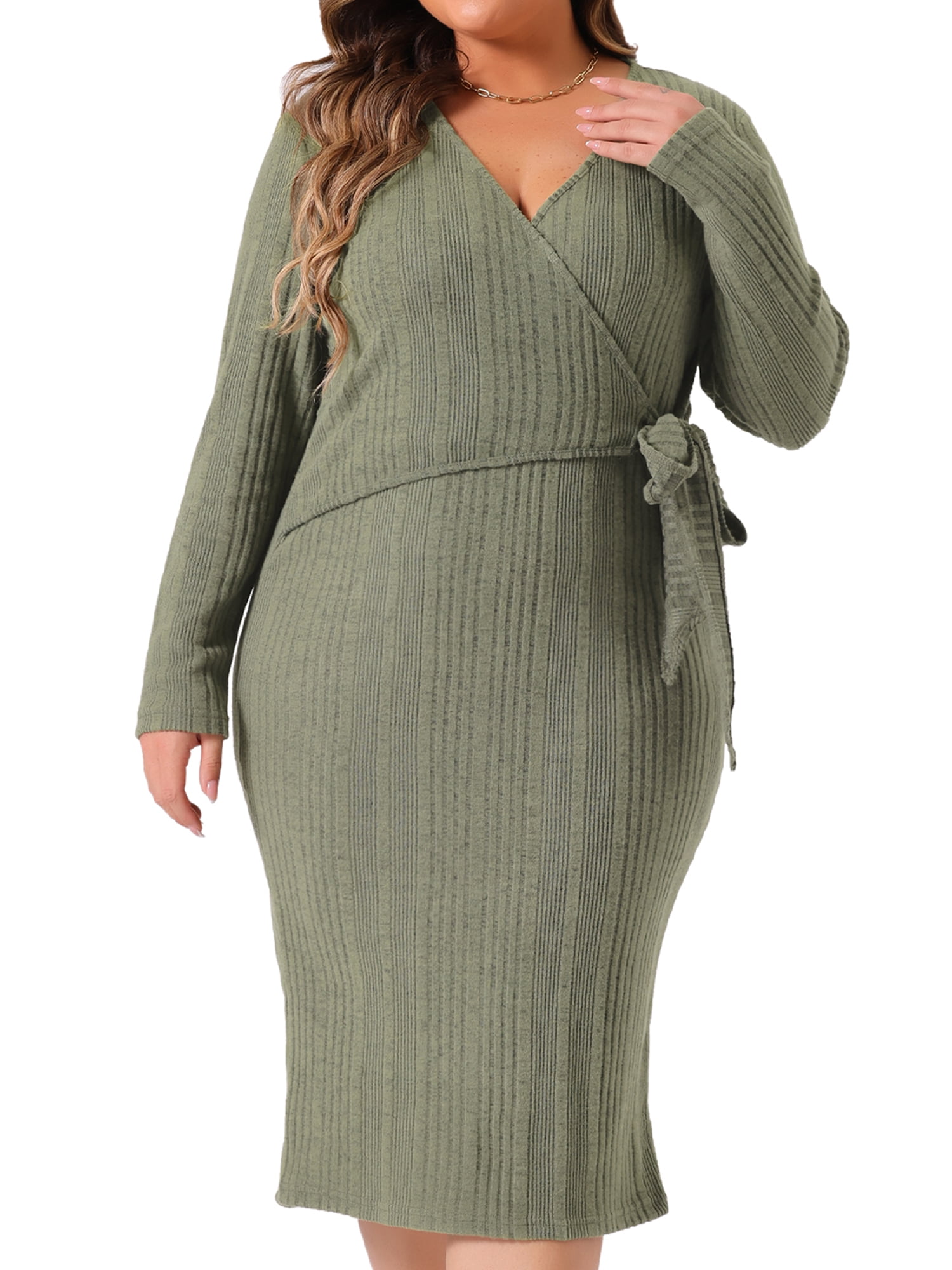 DARING DIVA Plus Size Sexy Wrap V Neck Long Sleeve Midi Dress 4X Green