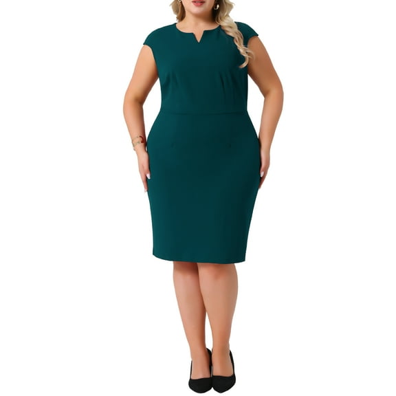 DARING DIVA Plus Size Sheath Notched Neck Work Events Dress 1X Dark Green