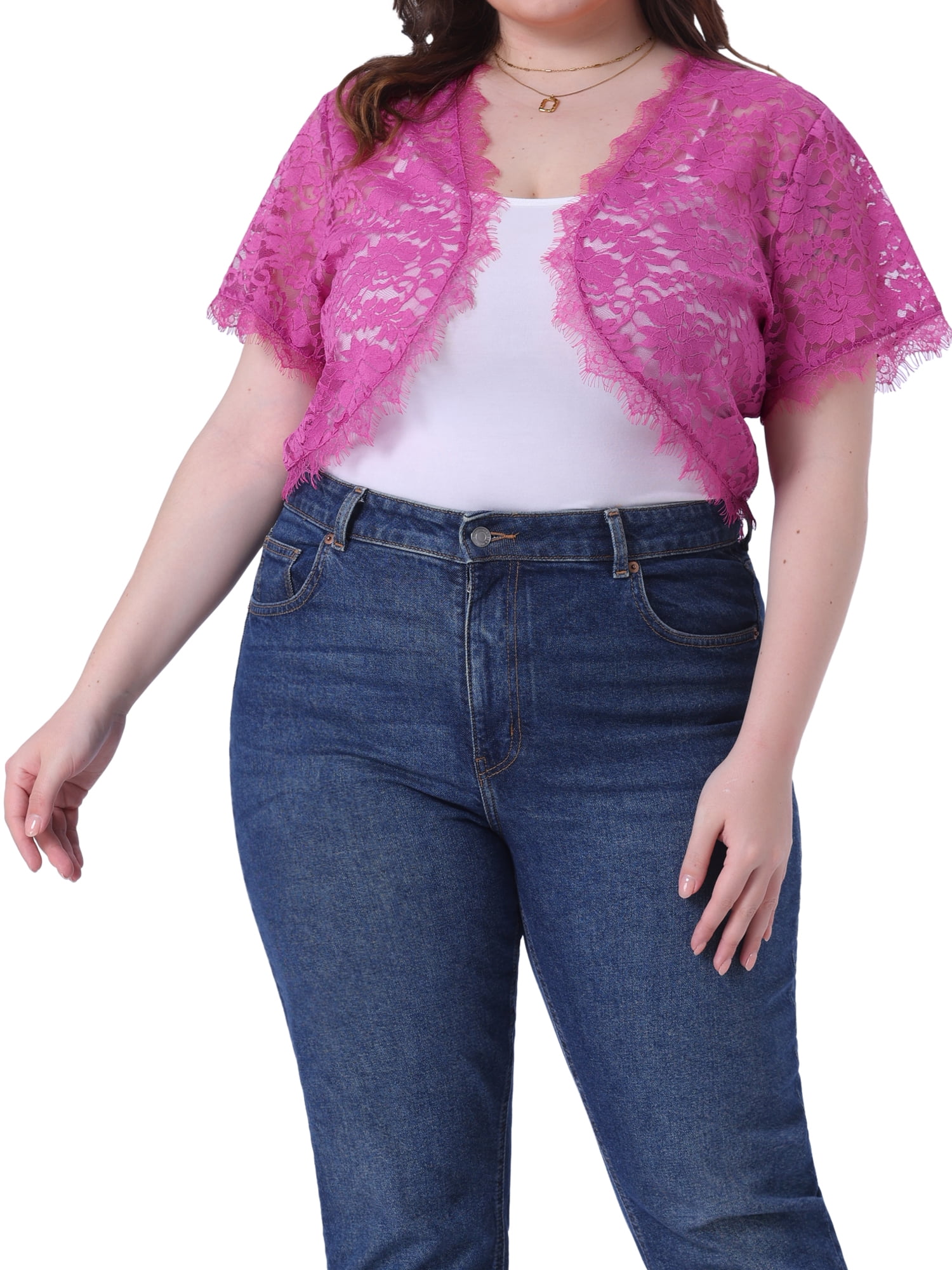 DARING DIVA Plus Size Sheer Shrug Floral Lace Shrugs Tops 1X Hot Pink