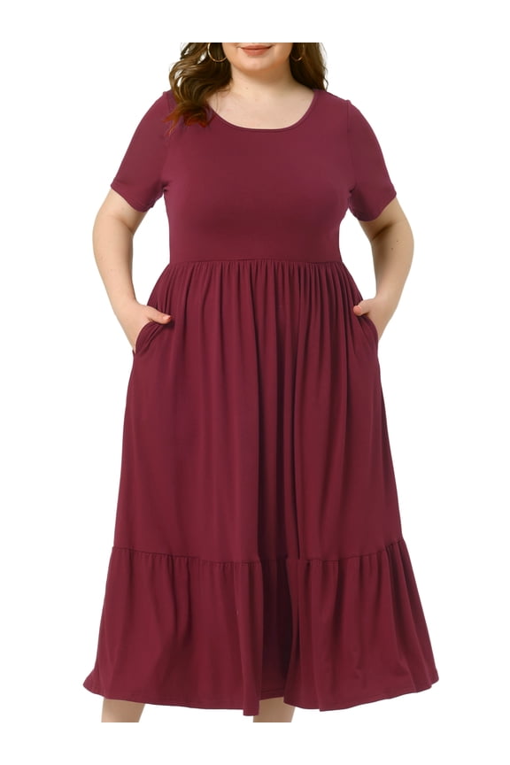 Plus Size Short Sleeve Crew Neck Flowy Maxi T-Shirt Dress 1X Dark Red