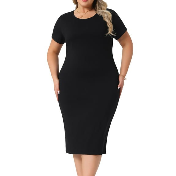 DARING DIVA Plus Size Short Sleeve Crew Neck Midi Bodycon Dress 1X Black