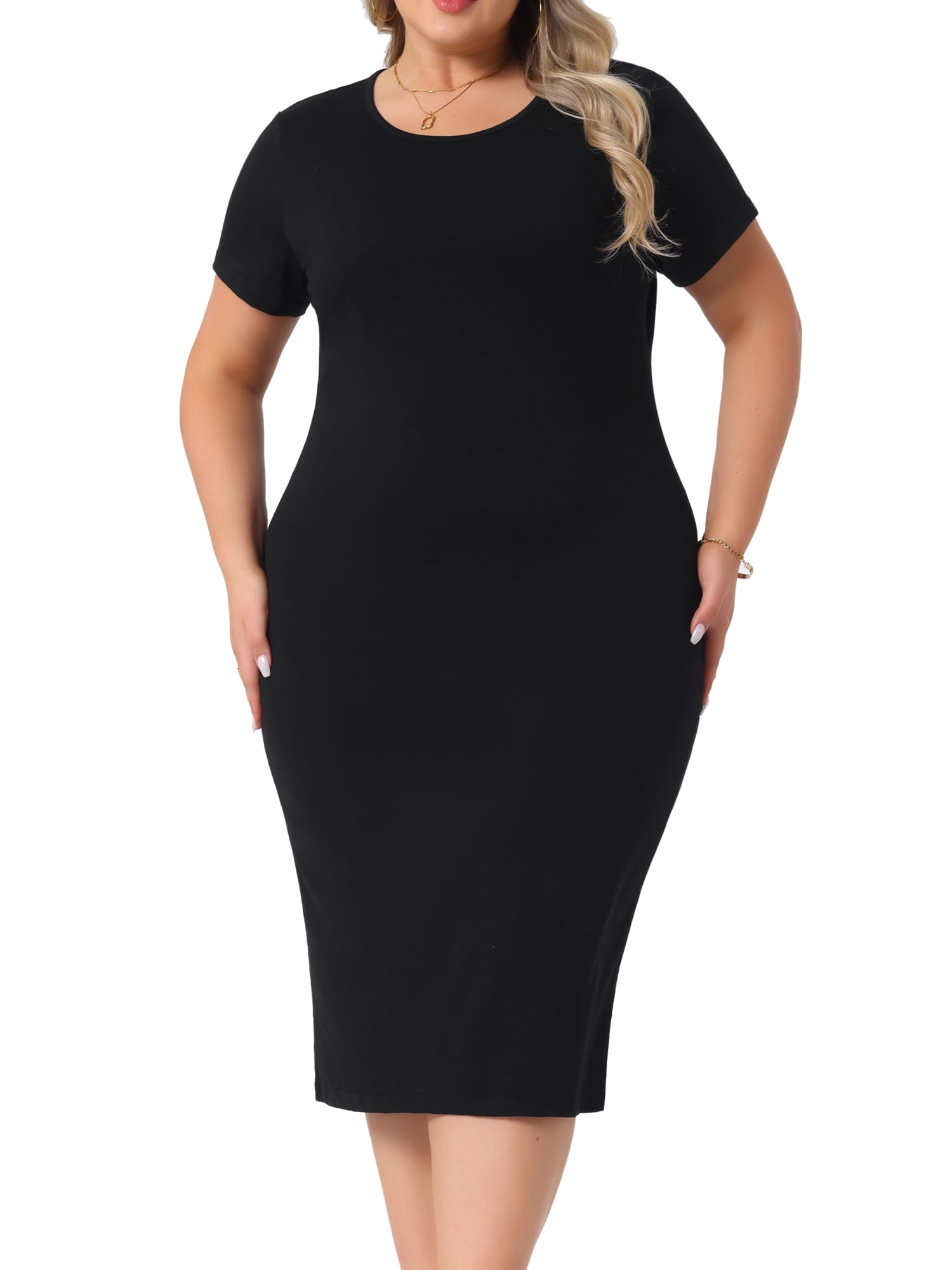 DARING DIVA Plus Size Short Sleeve Crew Neck Midi Bodycon Dress 2X Black