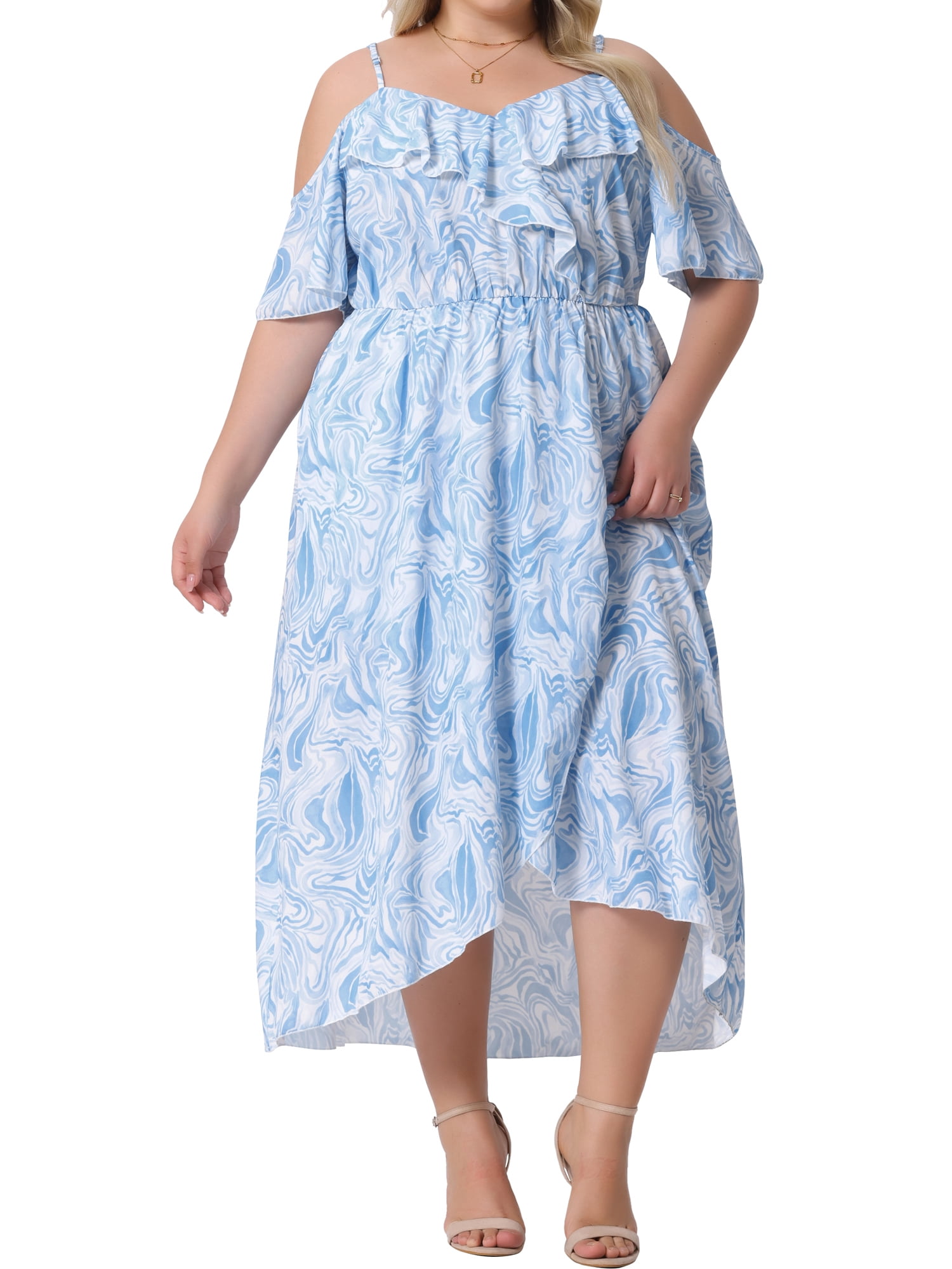 DARING DIVA Plus Size Short Sleeve Faux Wrap Summer Floral Dress 1X Light Blue