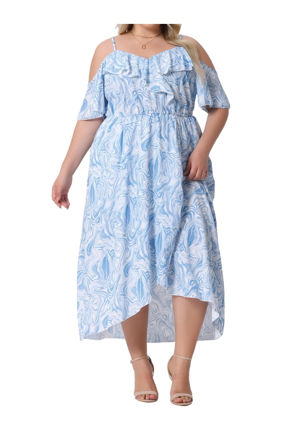 Plus Size Short Sleeve Faux Wrap Summer Floral Dress 1X Light Blue