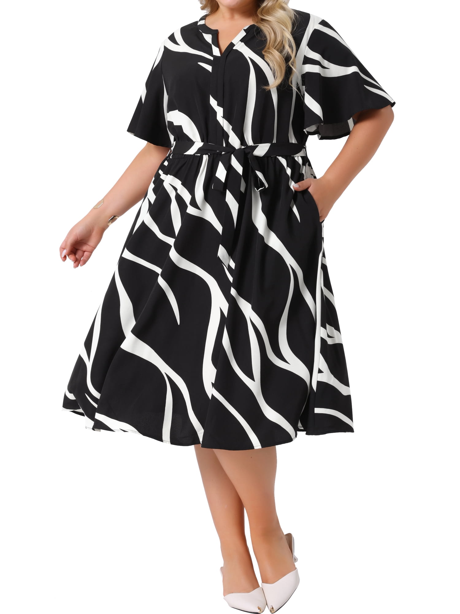 DARING DIVA Plus Size Short Sleeve Notched V Neck Midi Dress 2X Black