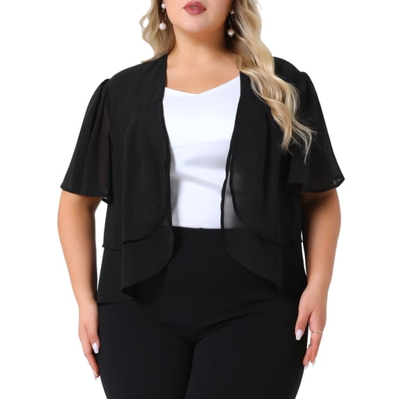 DARING DIVA Women's Plus Cropped Short Sleeve Open Front Sheer Shrug 1X Black