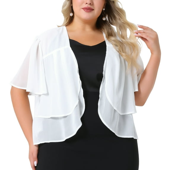 DARING DIVA Women's Plus Cropped Short Sleeve Open Front Sheer Shrug 1X White