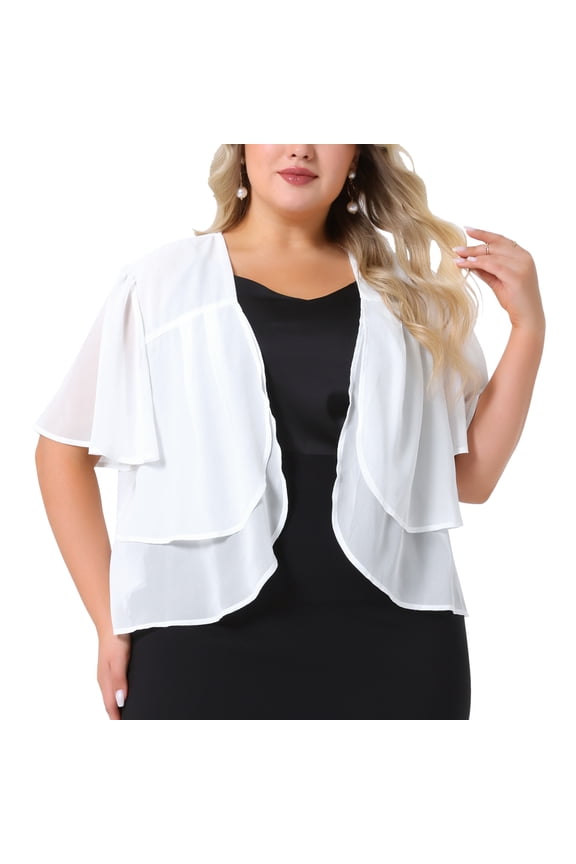 Women's Plus Cropped Short Sleeve Open Front Sheer Shrug 1X White