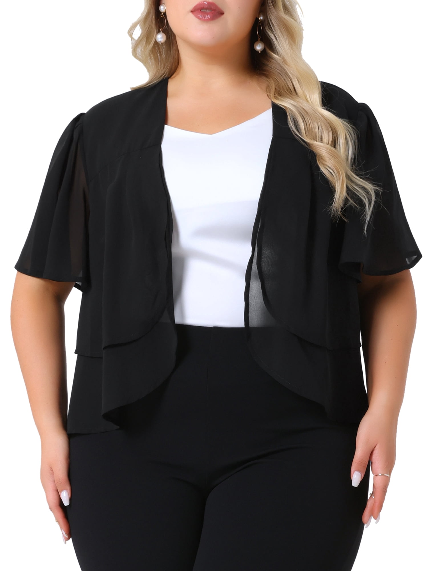 DARING DIVA Women's Plus Cropped Short Sleeve Open Front Sheer Shrug 3X Black