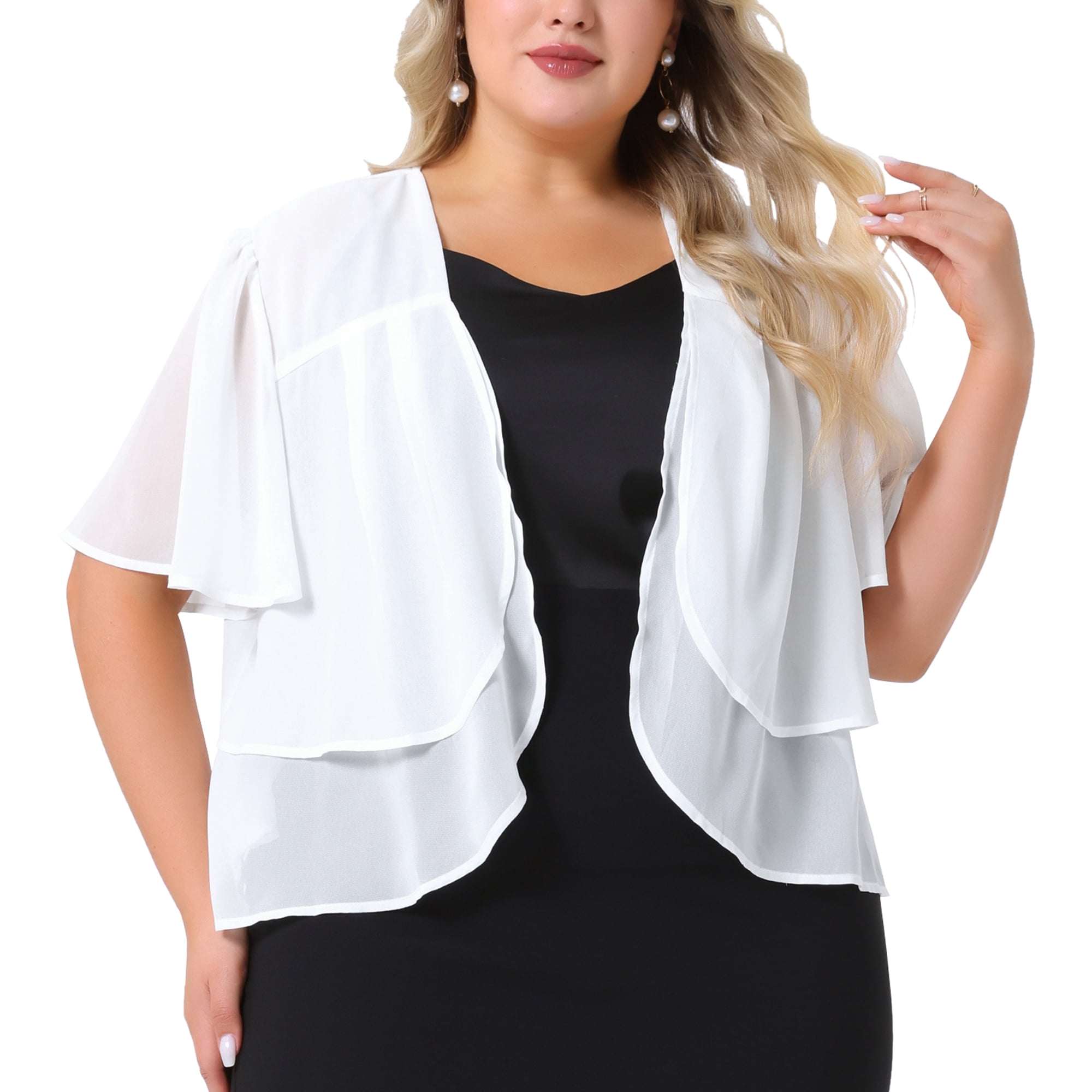 DARING DIVA Women's Plus Cropped Short Sleeve Open Front Sheer Shrug 4X White