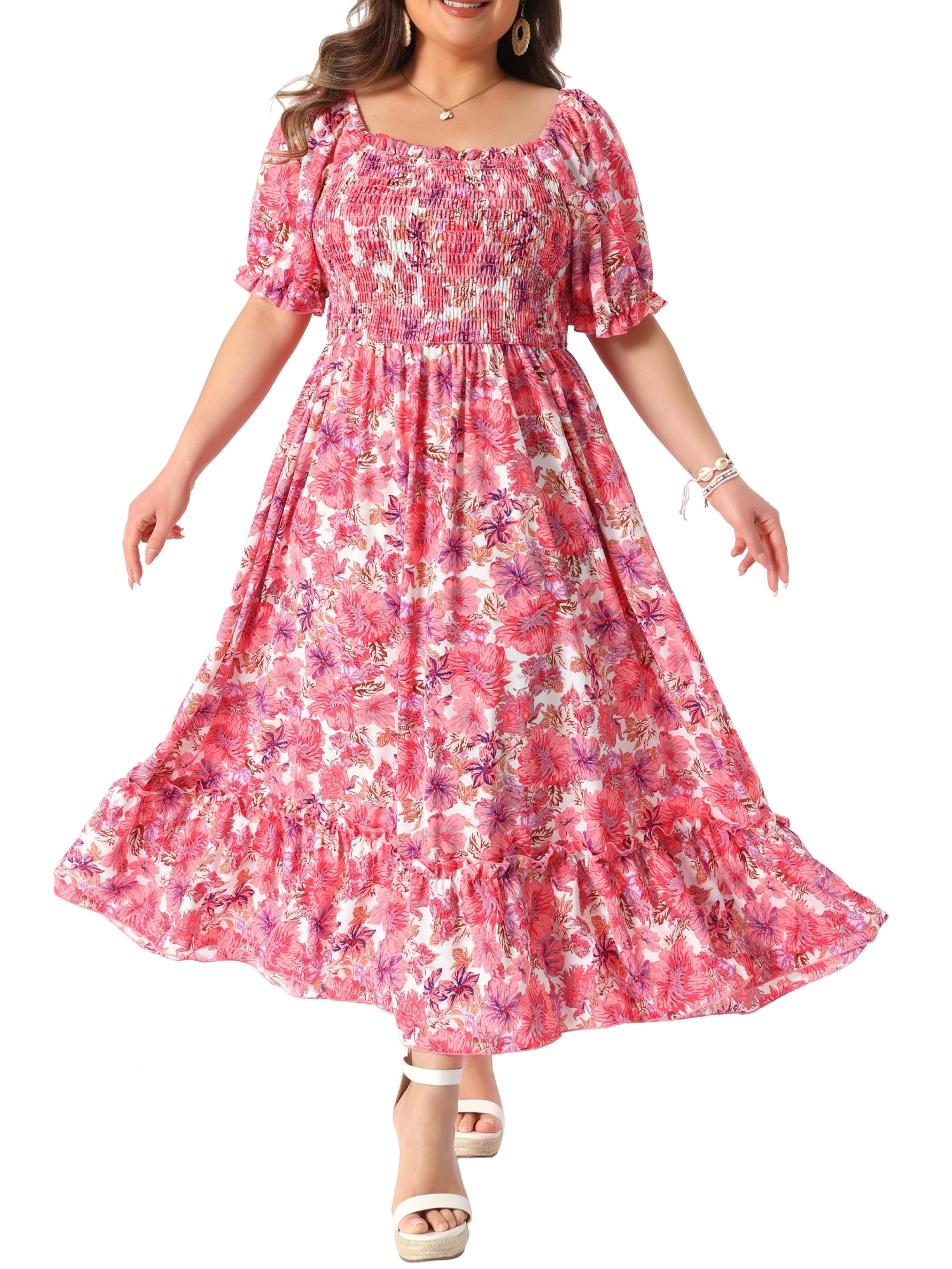 DARING DIVA Women's Plus Size Short Sleeve Square Neck Maxi Floral Dress 2X Hot Pink