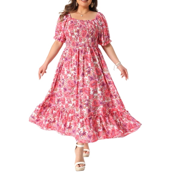 DARING DIVA Plus Size Short Sleeve Square Neck Maxi Floral Dress 2X Hot Pink