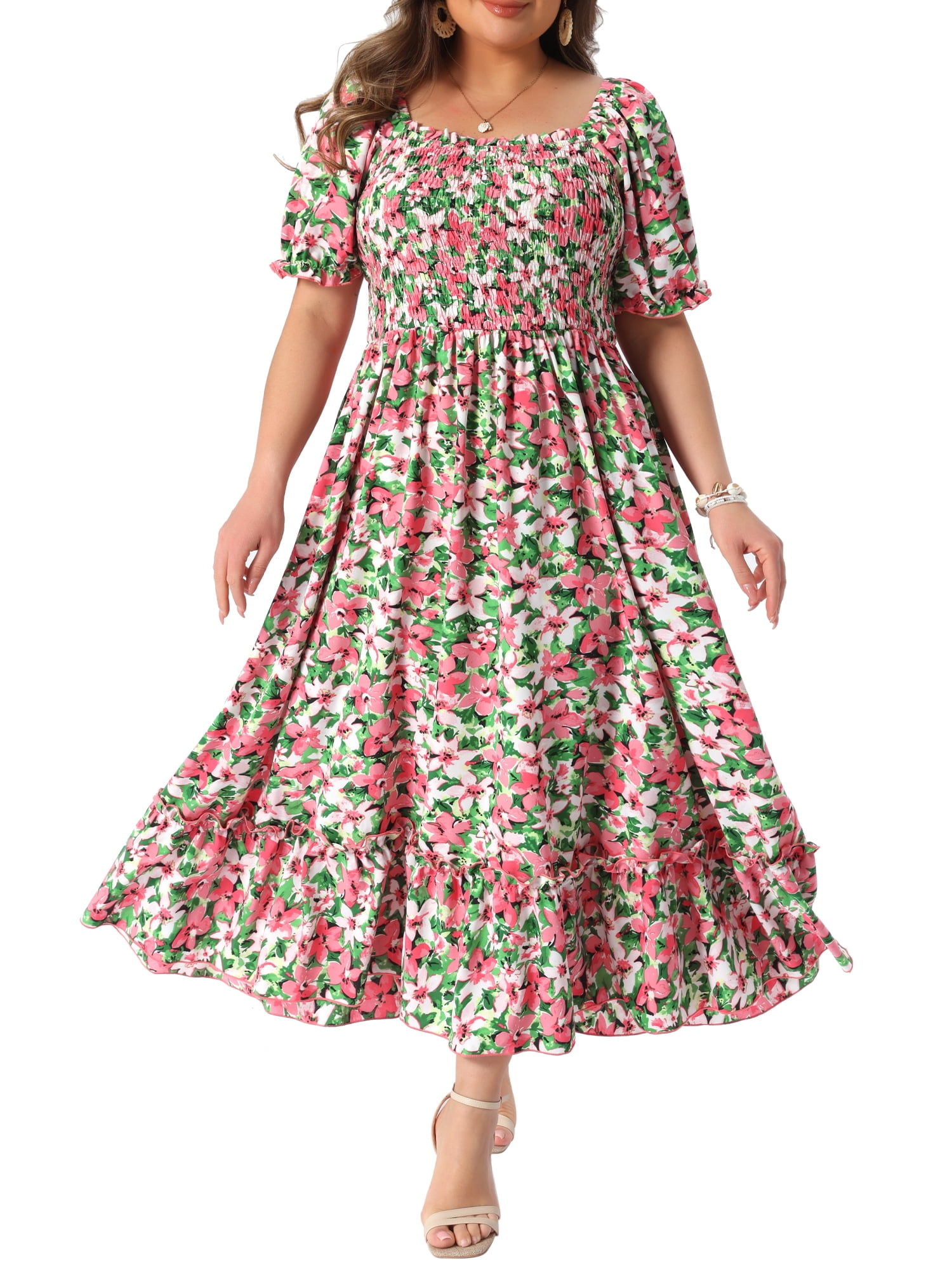 DARING DIVA Women's Plus Size Short Sleeve Square Neck Maxi Floral Dress 2X Pink Green